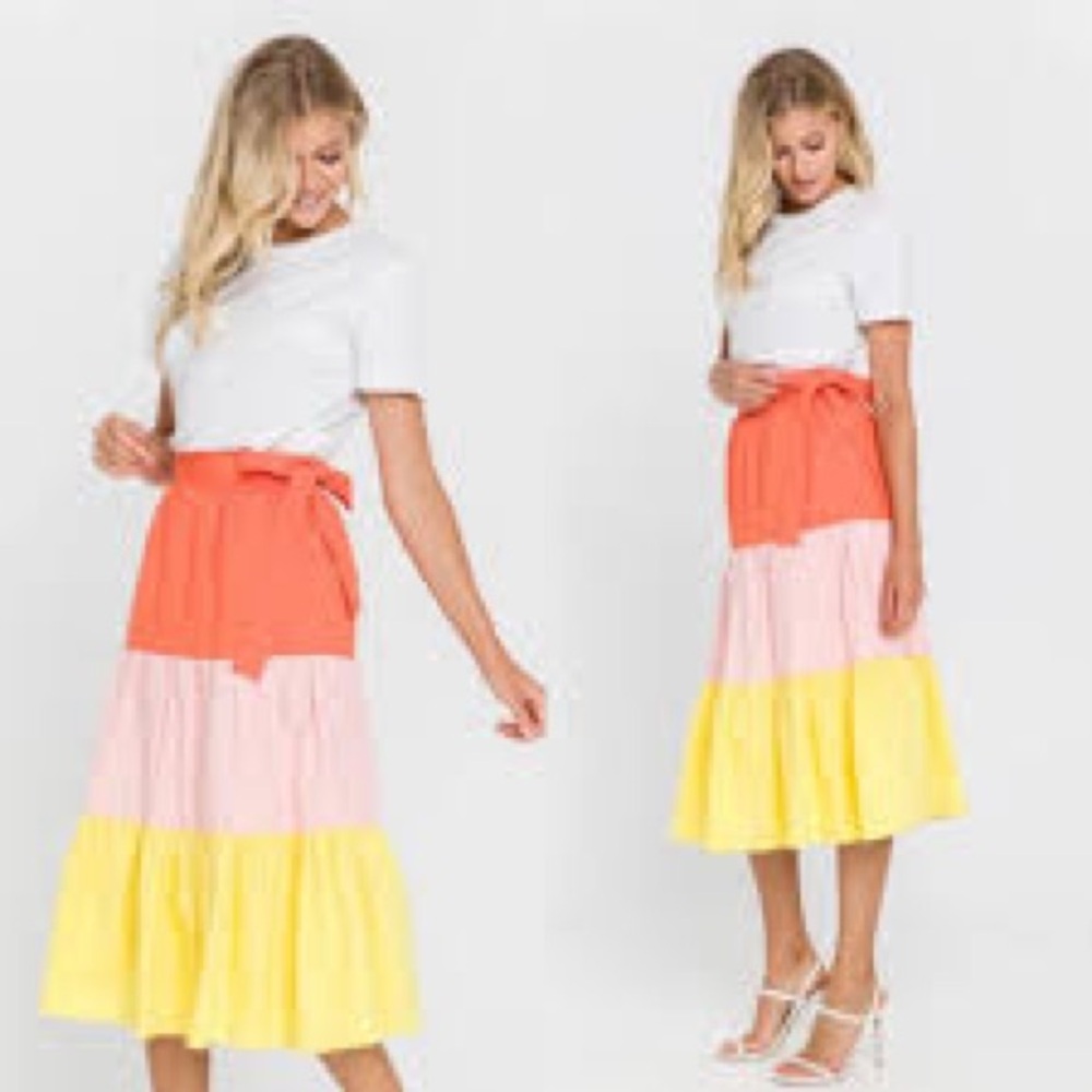 NWOT English Factory Color Block Tie Waist Tiered A-Line Midi Skirt